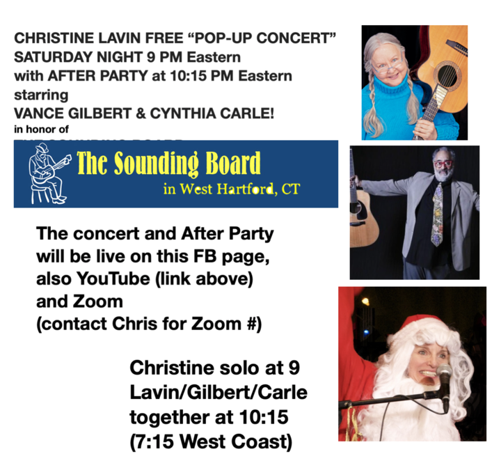 Popup concert at 9 PM Eastern After Party with Vance Gilbert and Cynthia Carle right after